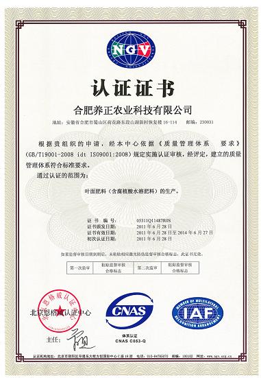 ISO9001质量体系认证证书（中文）